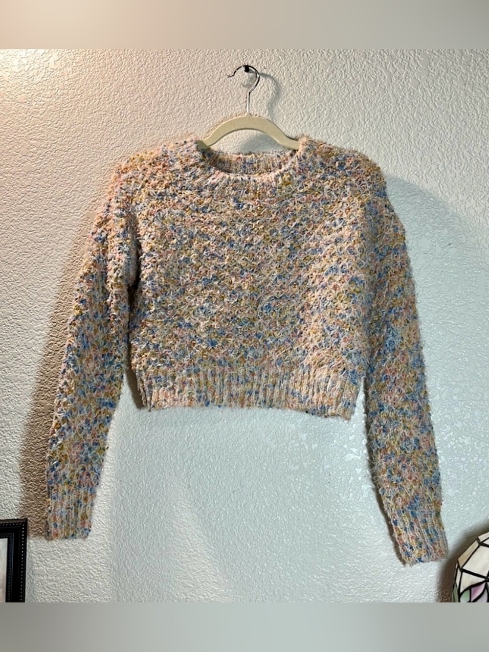 Made With Love Pastel Fuzzy Knit Cropped Sweater Small EUC Multicolor Pullover - Picture 2 of 6